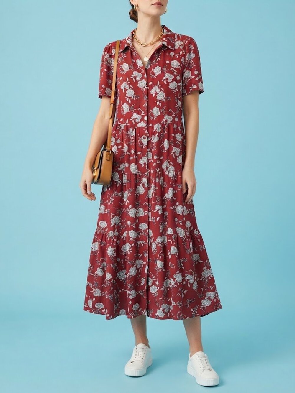 Wine Red & White Floral Midi Dress